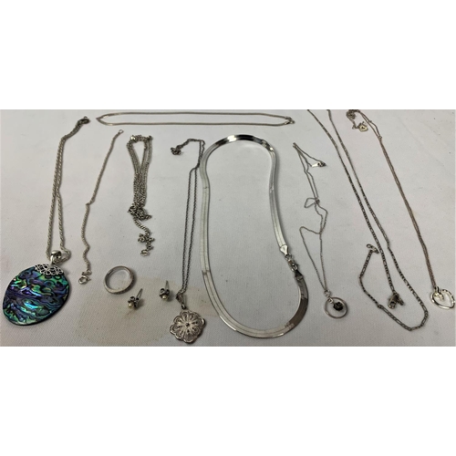 156 - 9 SILVER NECKLACES, BRACELET, RING & EARRINGS