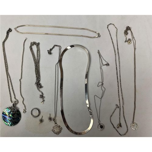 156 - 9 SILVER NECKLACES, BRACELET, RING & EARRINGS