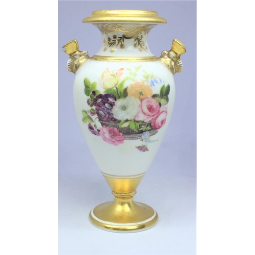 167 - HAND PAINTED & GILT TWIN HANDLED VASE (MISSING LID & CRACK TO TOP, 3