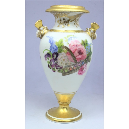 167 - HAND PAINTED & GILT TWIN HANDLED VASE (MISSING LID & CRACK TO TOP, 3