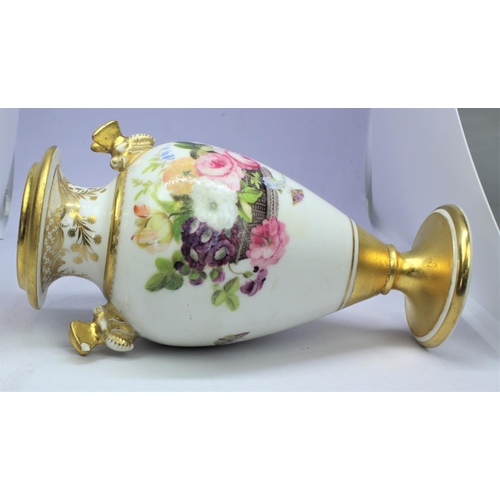 167 - HAND PAINTED & GILT TWIN HANDLED VASE (MISSING LID & CRACK TO TOP, 3