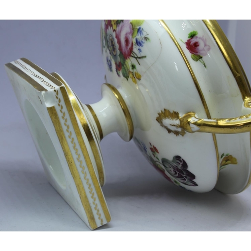 179 - HAND PAINTED PORCELAIN SMALL URN (HANDLE DAMAGED & CHIP TO BASE)