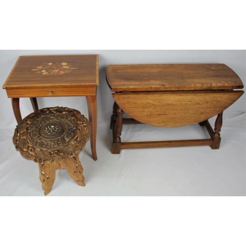 391 - OAK DROP LEAF COFFEE TABLE, MUSICAL TABLE & CARVED TABLE