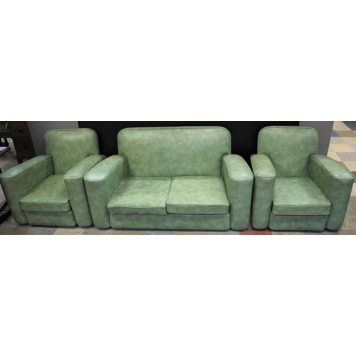 401 - 1930'S 3 PIECE SUITE WITH ROUNDED ARMS & SHELF BUILT INTO SOFA - UPHOLSTERY WORN ON SOFA