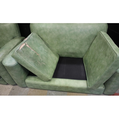 401 - 1930'S 3 PIECE SUITE WITH ROUNDED ARMS & SHELF BUILT INTO SOFA - UPHOLSTERY WORN ON SOFA