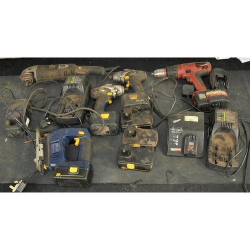 12 - VARIOUS CORDED & CORDLESS TOOLS, BATTERIES & CHARGERS, INCLUDING MILWAUKEE - SOLD FOR SPARES