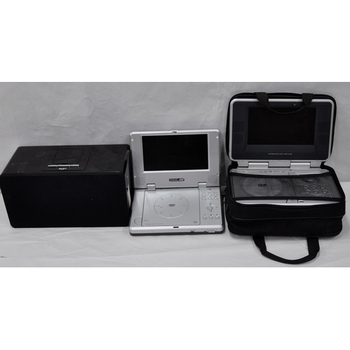 15 - 2 PORTABLE DVD PLAYERS - ACOUSTIC SOLUTIONS AND VENTURER, BUSH 25W SPEAKER DOCK (NO ELECTRIC CABLE)