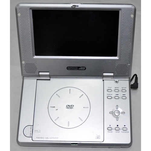 15 - 2 PORTABLE DVD PLAYERS - ACOUSTIC SOLUTIONS AND VENTURER, BUSH 25W SPEAKER DOCK (NO ELECTRIC CABLE)