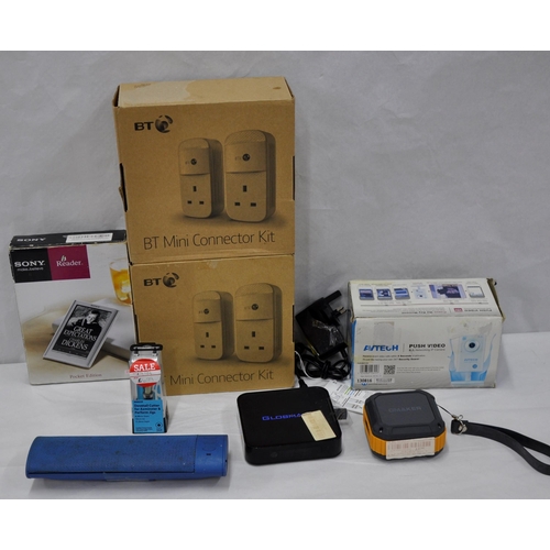 18 - MISC - 2 BT MINI CONNECTOR KITS, SONY READER, AVTECH VIDEO, 2 BLUETOOTH SPEAKERS, SET TOP BOX, DOVET... 