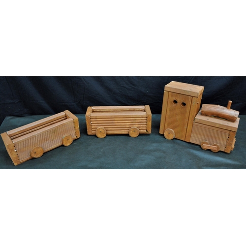 23 - RED WOODEN TRAIN WITH TWO SMALL PLANTERS&nbsp;AND THREE MINIATURE GARDEN BENCHES