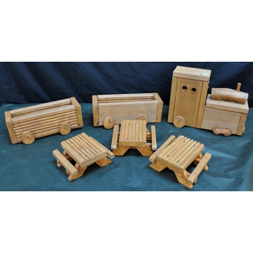 23 - RED WOODEN TRAIN WITH TWO SMALL PLANTERS&nbsp;AND THREE MINIATURE GARDEN BENCHES