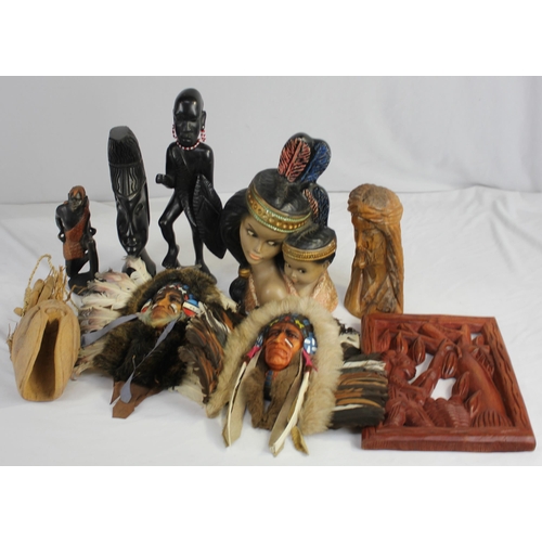 46 - 2 INDIAN CHIEF WALL MASKS, VARIOUS AFRICAN ART ITEMS ETC (1 FIGURINE ARM DAMAGED)