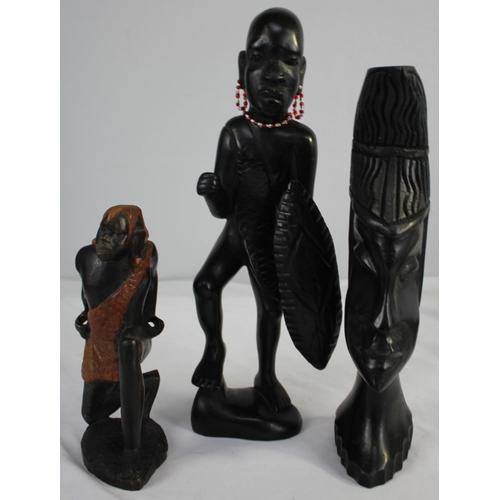 46 - 2 INDIAN CHIEF WALL MASKS, VARIOUS AFRICAN ART ITEMS ETC (1 FIGURINE ARM DAMAGED)