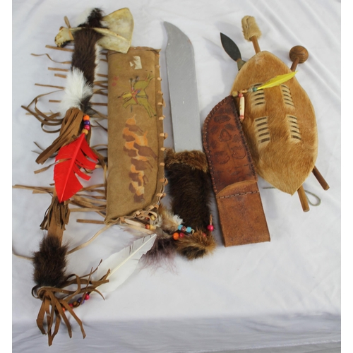 60 - NATIVE AMERICAN PICTURES AND REPRODUCTION ARTEFACT WEAPONS