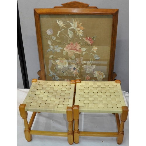 17 - EMBROIDERED FIRESCREEN AND 2 CORDED TOP STOOLS