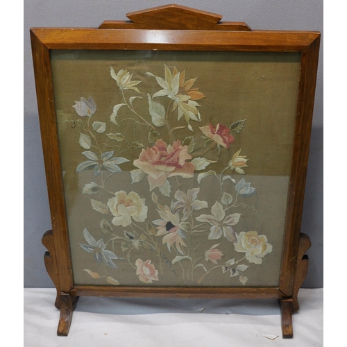 17 - EMBROIDERED FIRESCREEN AND 2 CORDED TOP STOOLS