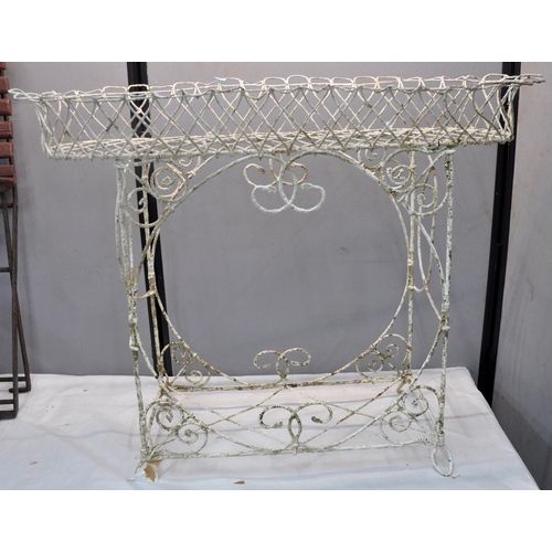 41 - DECORATIVE IRONWORK RAISED PLANT TROUGH AND 2 FOLDING METAL AND SLATTED SEAT CHAIRS