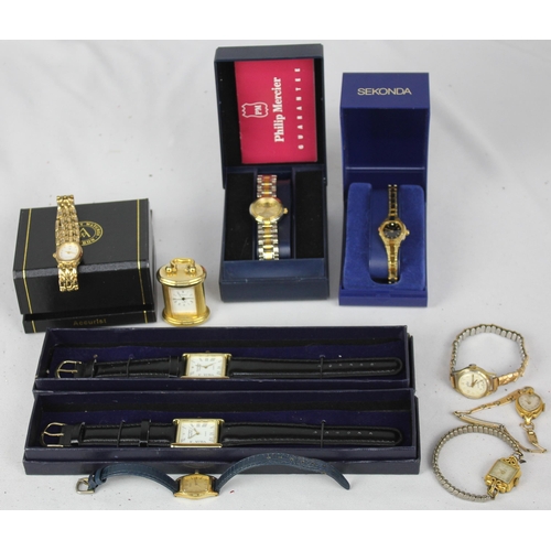 68 - WELLINGTON MINIATURE CLOCK & 10 WATCHES - 5 IN PRESENTATION BOXES: PHILIP MERCIER, ACCURIST, SEK... 