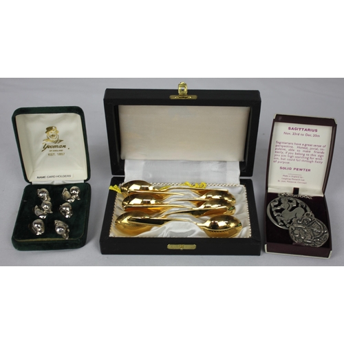 70 - SET OF 6 TEASPOONS (MARKED HARTVERGOLDET, SOLINGEN GERMANY), SET OF 6 DUCK DESIGN NAME CARD HOLDERS ... 