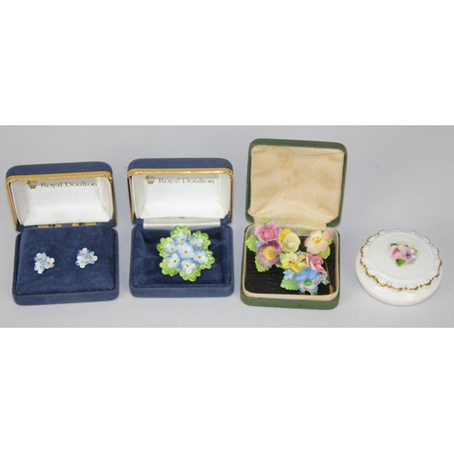 84 - QUANTITY OF JEWELLERY ETC: 2 ROYAL WORCESTER BROOCHES, RABBIT'S FOOT BROOCH, PAIR ROYAL DOULTON EARR... 