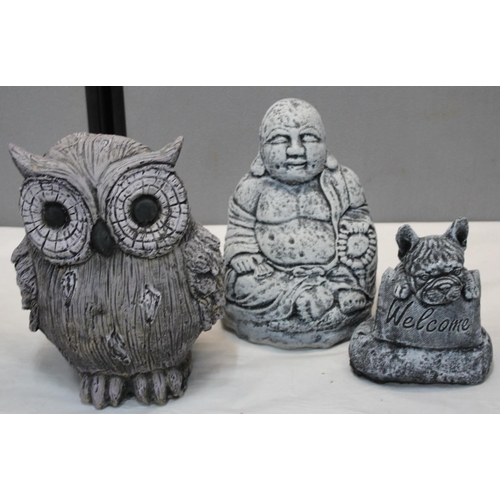 92 - 3 GARDEN ORNAMENTS - OWL, BUDDHA AND 