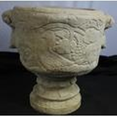 185 - STONEWORK CIRCULAR PLANTER FEATURING STAG & TROPICAL BIRDS (IN 2 PIECES)