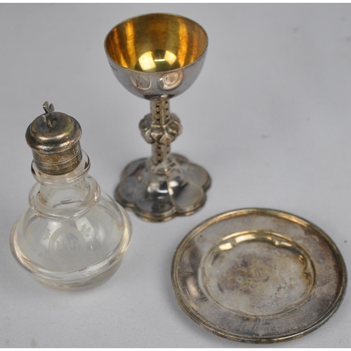 196 - 4 PIECE PLATED TEA SERVICE, HAND HELD MIRROR,PLATED COMMUNION SET, SET 6 WALKER & HALL HALLMARKE... 