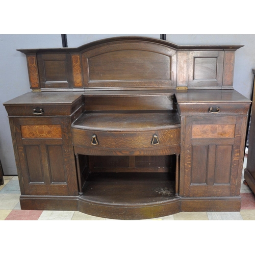 203 - LARGE OAK LIBERTY LONDON ART NOUVEAU PANEL BACK SIDEBOARD WITH INLAY DECORATION, FITTED CUTLERY DRAW... 