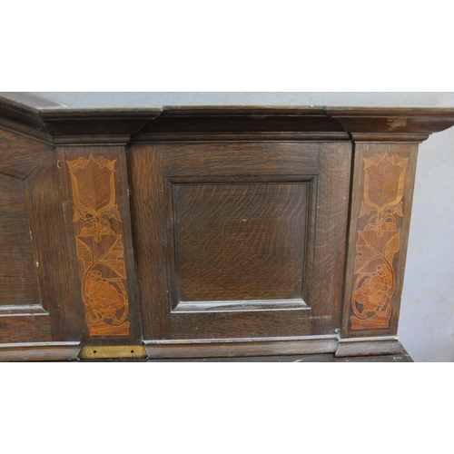 203 - LARGE OAK LIBERTY LONDON ART NOUVEAU PANEL BACK SIDEBOARD WITH INLAY DECORATION, FITTED CUTLERY DRAW... 