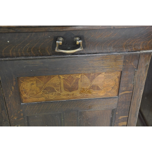 203 - LARGE OAK LIBERTY LONDON ART NOUVEAU PANEL BACK SIDEBOARD WITH INLAY DECORATION, FITTED CUTLERY DRAW... 