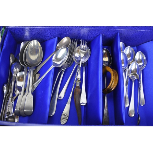 211 - MISC CUTLERY INCLUDING SERVING SET WITH SILVER COLLAR