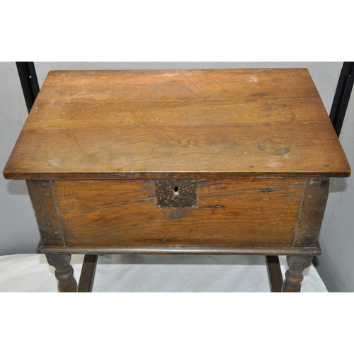214 - ANTIQUE OAK BIBLE BOX WITH PEGGED JOINTS ON STAND WITH TURNED SUPPORT