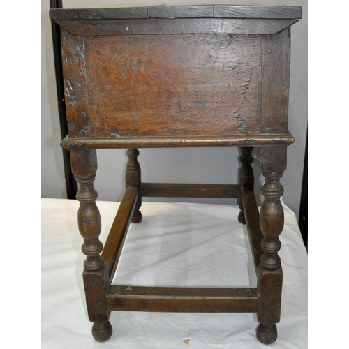 214 - ANTIQUE OAK BIBLE BOX WITH PEGGED JOINTS ON STAND WITH TURNED SUPPORT