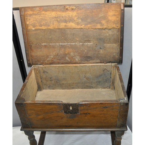 214 - ANTIQUE OAK BIBLE BOX WITH PEGGED JOINTS ON STAND WITH TURNED SUPPORT
