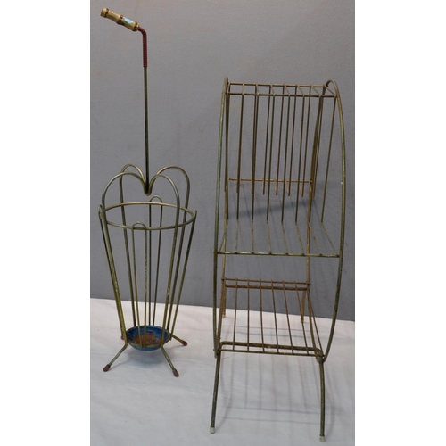 219 - WIRE UMBRELLA STAND, WIRE SIDE TABLE, FRAMELESS MIRROR & HORSESHOE FIRE COMPANION SET
