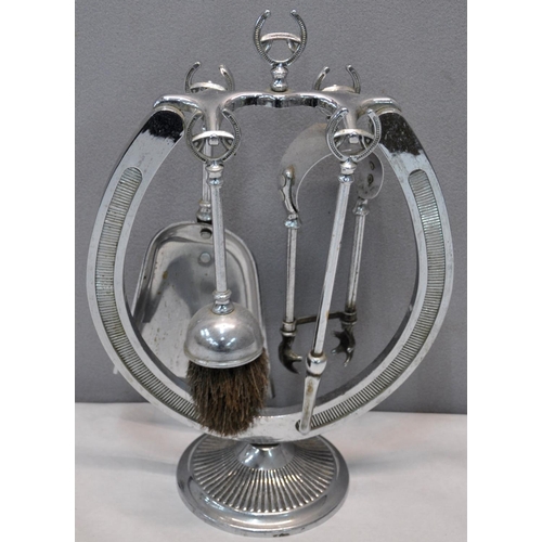 219 - WIRE UMBRELLA STAND, WIRE SIDE TABLE, FRAMELESS MIRROR & HORSESHOE FIRE COMPANION SET