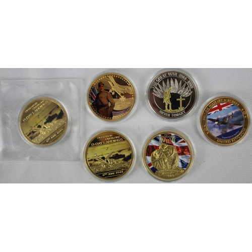 348 - 6 COMMEMORATIVE COINS: 'THE GREAT WAR' TRUCE IN THE TRENCHES CHRISTMAS 1914, 3 of WWII 75TH ANNIVERS... 