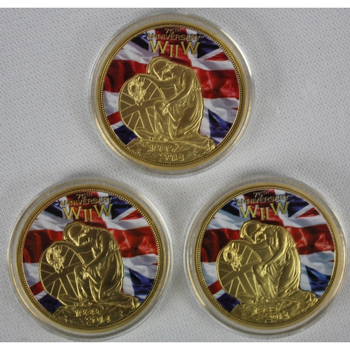 348 - 6 COMMEMORATIVE COINS: 'THE GREAT WAR' TRUCE IN THE TRENCHES CHRISTMAS 1914, 3 of WWII 75TH ANNIVERS... 