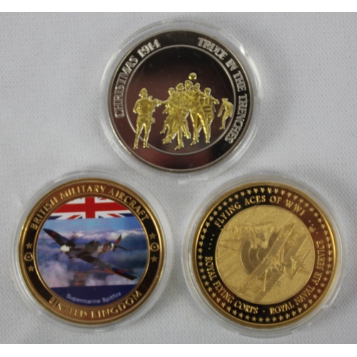 348 - 6 COMMEMORATIVE COINS: 'THE GREAT WAR' TRUCE IN THE TRENCHES CHRISTMAS 1914, 3 of WWII 75TH ANNIVERS... 