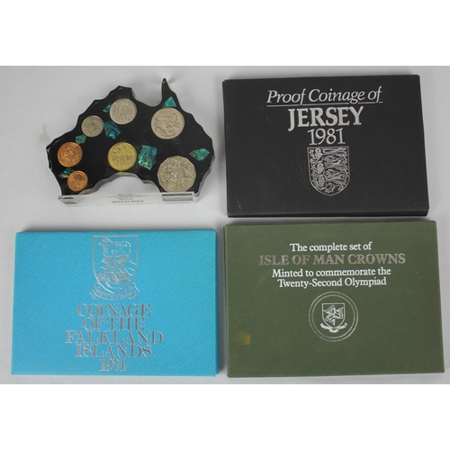 350 - 4 COMMEMORATIVE COIN SETS: PROOF COINAGE OF JERSEY 1981, THE COMPLETE SET OF ISLE OF MAN CROWN MINTE... 