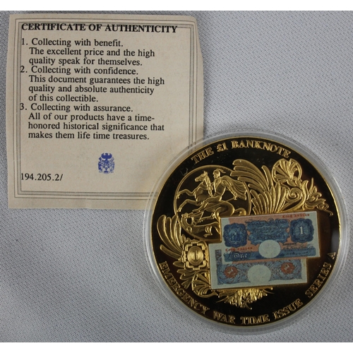 353 - 7 COMMEMORATIVE COINS: 3 of 'BRITISH BANKNOTE COIN SET' - THE &pound;1 BANKNOTE EMERGENCY WAR TIME I... 