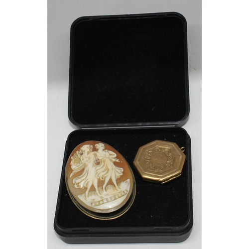 354 - OCTAGONAL BROOCH STAMPED 9/375 (4.7g) & CAMEO BROOCH WITH SAFETY CHAIN - NO MARKINGS (10.2g)