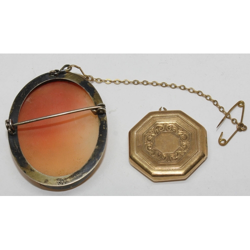354 - OCTAGONAL BROOCH STAMPED 9/375 (4.7g) & CAMEO BROOCH WITH SAFETY CHAIN - NO MARKINGS (10.2g)