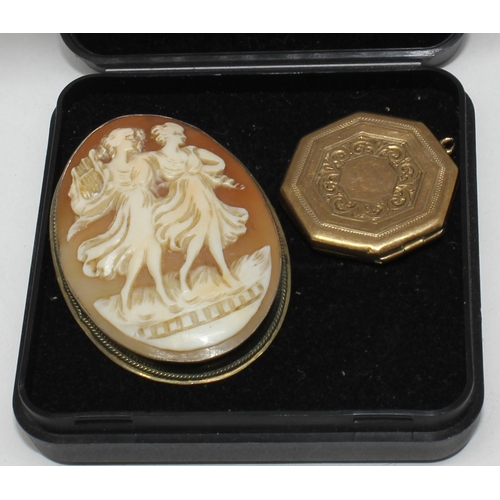 354 - OCTAGONAL BROOCH STAMPED 9/375 (4.7g) & CAMEO BROOCH WITH SAFETY CHAIN - NO MARKINGS (10.2g)