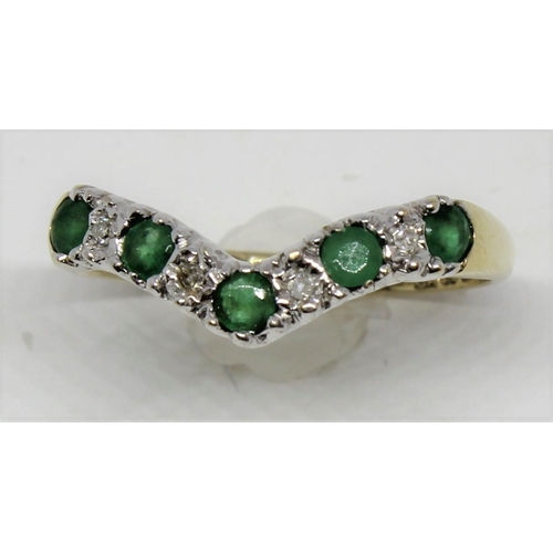 358 - 9ct GOLD WISHBONE RING SET 4 DIAMONDS AND GREEN STONES (2.4g) - SIZE 0
