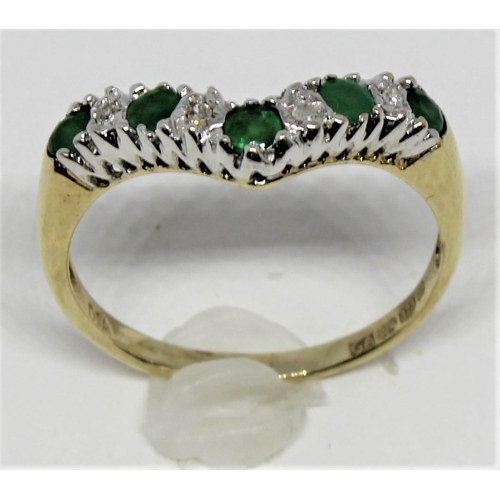 358 - 9ct GOLD WISHBONE RING SET 4 DIAMONDS AND GREEN STONES (2.4g) - SIZE 0