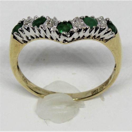 358 - 9ct GOLD WISHBONE RING SET 4 DIAMONDS AND GREEN STONES (2.4g) - SIZE 0