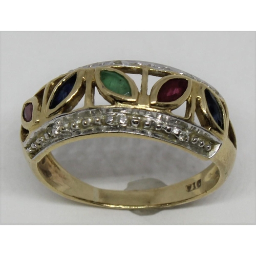 359 - ETERNITY STYLE RING SET DIAMONDS AND PRECIOUS STONES (2.5g) - NO GOLD HALLMARK - RING SIZE L