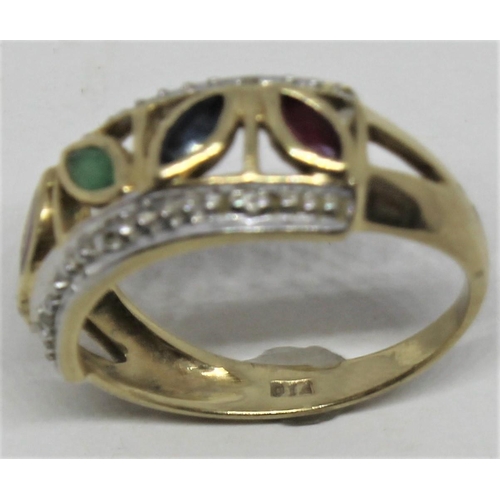 359 - ETERNITY STYLE RING SET DIAMONDS AND PRECIOUS STONES (2.5g) - NO GOLD HALLMARK - RING SIZE L