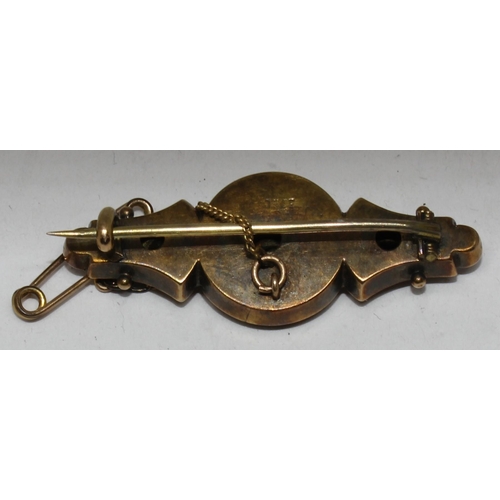 360 - GOLD BROOCH STAMPED 15ct SET SINGLE CENTRAL DIAMOND & 2 RUBIES (4.9g)